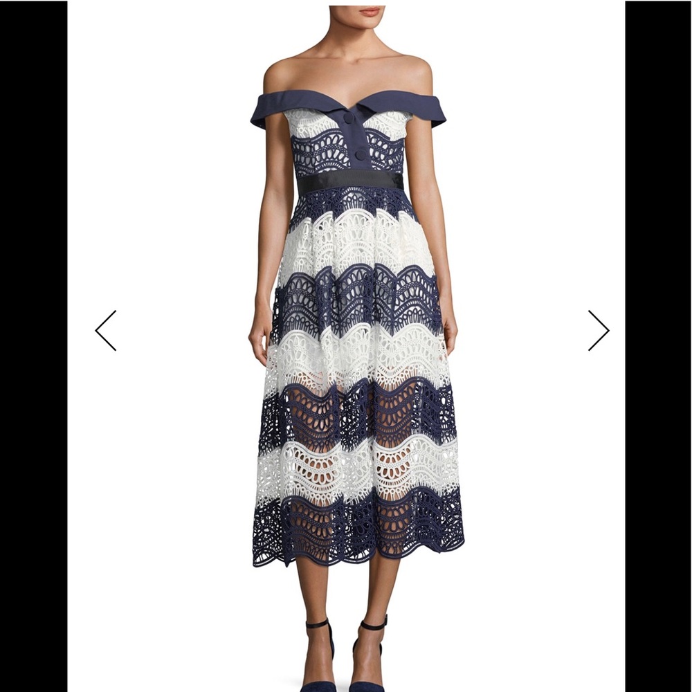 Worn once Off-the-Shoulder Wave Guipure Midi Dress